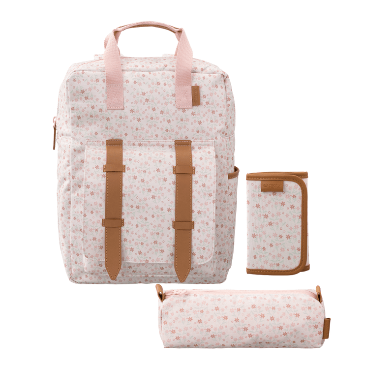backpack, pencil case and wallet in floral print