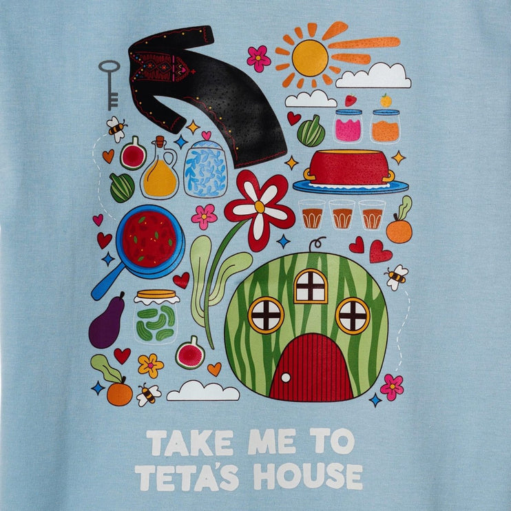 Colorful illustration of a watermelon house with various symbols on a light blue background.