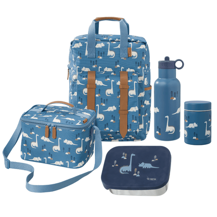 full school set of blue bags and containers with dinosaur pattern
