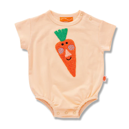 Baby onesie with a carrot design on a white background