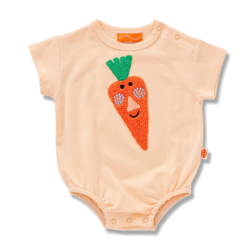 Baby onesie with a carrot design on a white background