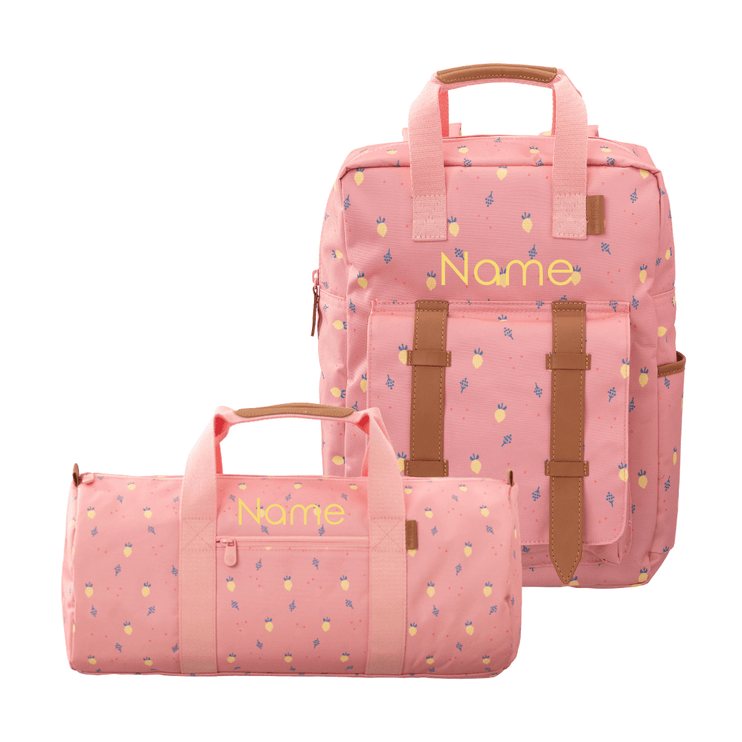 Personalized Pink backpack and duffel bag set with fruit print