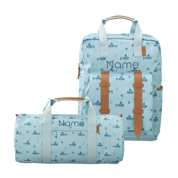 Personalized Light blue backpack and duffel bag set with brown straps with submarine print