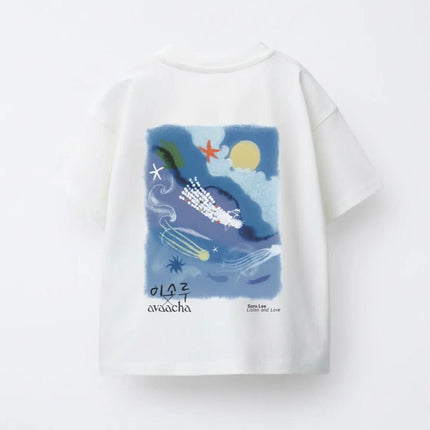 White t-shirt with a colorful graphic design on the back part 