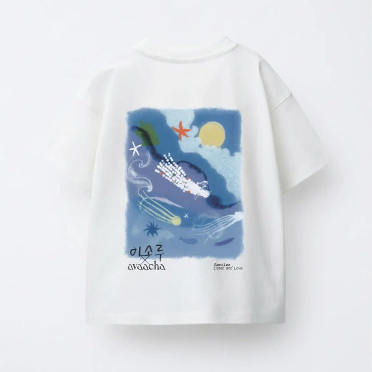 White t-shirt with a colorful graphic design on the back part 