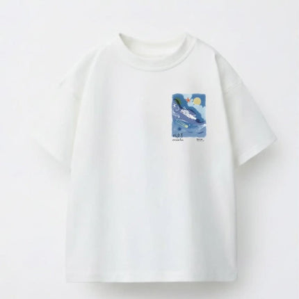White t-shirt with a small graphic 