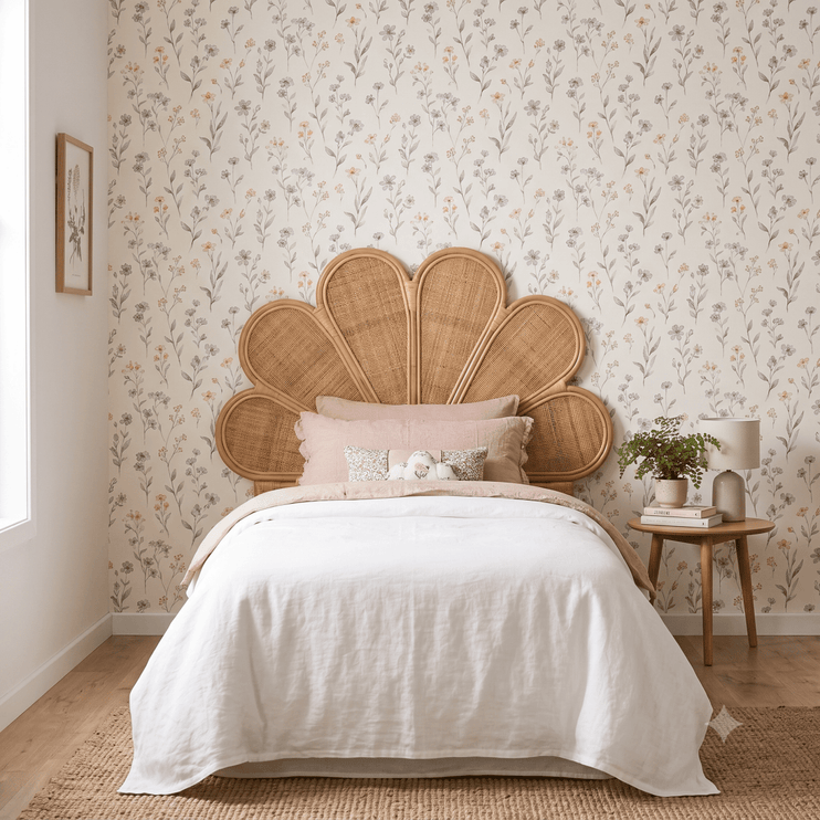 Bedroom with a wicker headboard and floral wallpaper