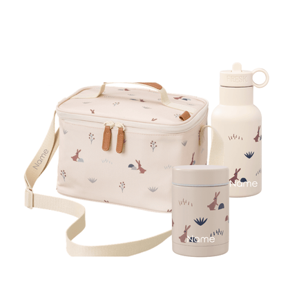 Set of personalized meal essentials set including insulated bag, food jar, and bottle with rabbit print