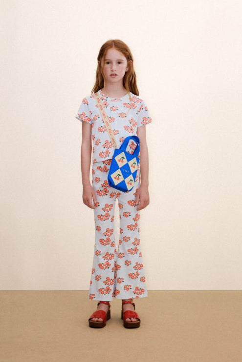 Ice-blue t-shirt with blossoms print