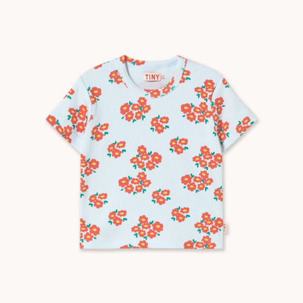 Light blue t-shirt with orange floral pattern 