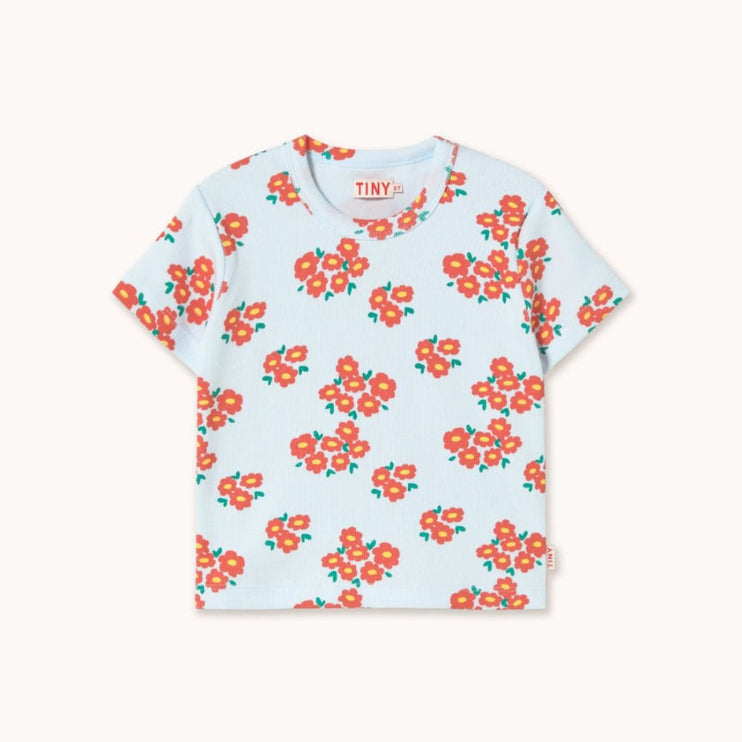 Light blue t-shirt with orange floral pattern 