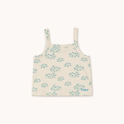 Floral-patterned tank top with 'TINY' text 