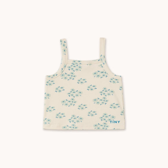 Floral-patterned tank top with 'TINY' text 