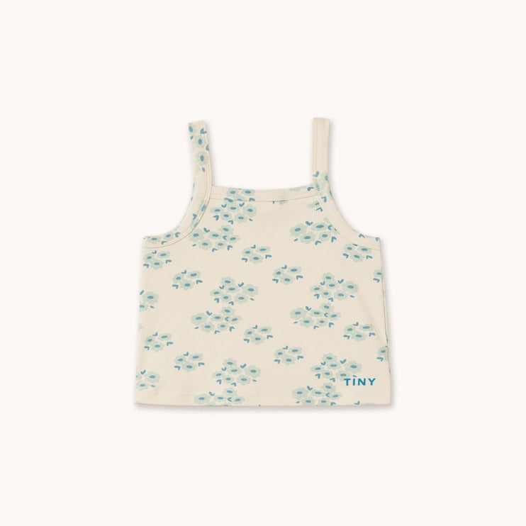 Floral-patterned tank top with 'TINY' text 