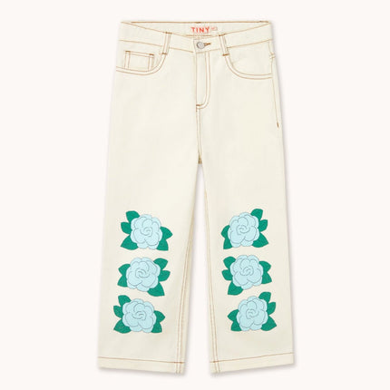 Off White jeans with blue flowers on the legs