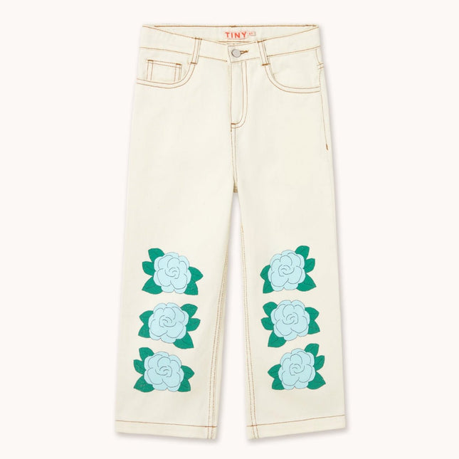 Off White jeans with blue flowers on the legs