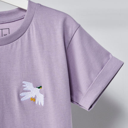 Purple t-shirt with a small embroidered design on a light gray background