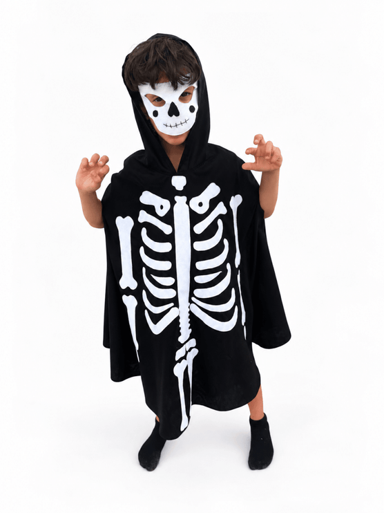 A child wearing a black hooded skeleton costume with a white printed rib cage design and a white skull face mask, standing against a plain white background.