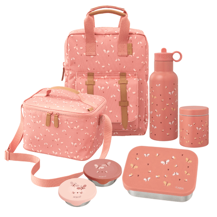 A coordinated pink picnic/lunch set on a white background, including a large backpack, a cooler bag, a water bottle, a lunch box with lid, a thermos food jar, and two snack boxes. The items have a soft pink base with a small white and tan butterfly print.