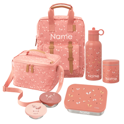 A coordinated set of pink patterned reusable items on a white background, including a backpack, lunch bag, water bottle, small jar, square container, and round lids, all items can be personalized