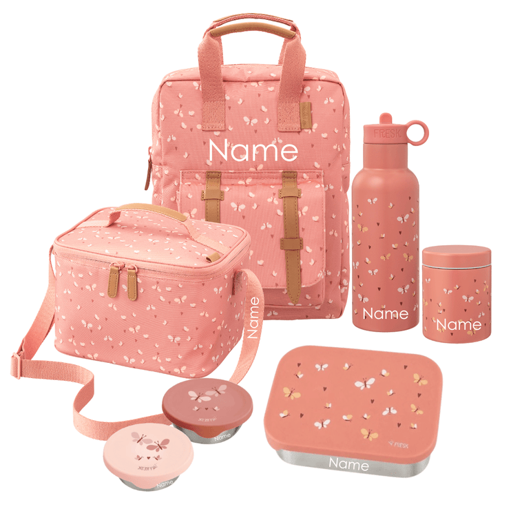 A coordinated set of pink patterned reusable items on a white background, including a backpack, lunch bag, water bottle, small jar, square container, and round lids, all items can be personalized