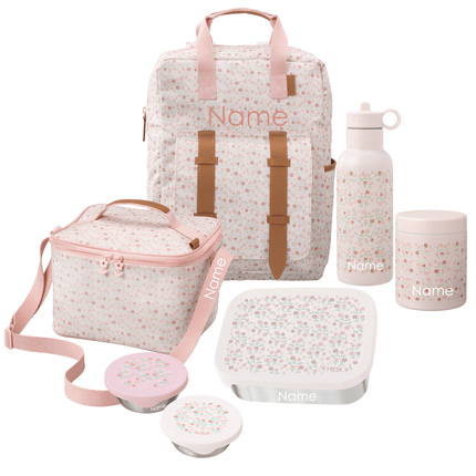 A coordinated school or picnic accessory set including a large backpack, a cooler bag, a water bottle, a lunch box with lid, a thermos food jar, and two snack boxes. The items are white with a small multicolor floral print and pink trim, with tan-brown strap accents. All Items can be personalized