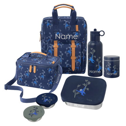 A coordinated insulated lunch bag set with matching containers. The set includes a large backpack, a cooler bag, a water bottle, a lunch box with lid, a thermos food jar, and two snack boxes, all in a dark navy blue color monkey print. all items can be personalized