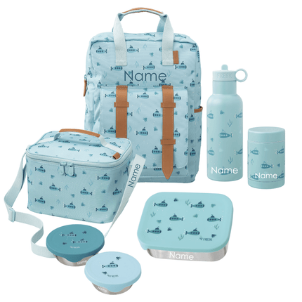 A coordinated school set including a large backpack, a cooler bag, a water bottle, a lunch box with lid, a thermos food jar, and two snack boxes. The bags and containers are in a blue submarine print and are all personalizable