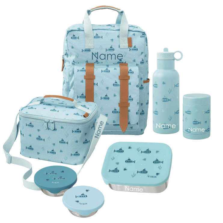 A coordinated school set including a large backpack, a cooler bag, a water bottle, a lunch box with lid, a thermos food jar, and two snack boxes. The bags and containers are in a blue submarine print and are all personalizable