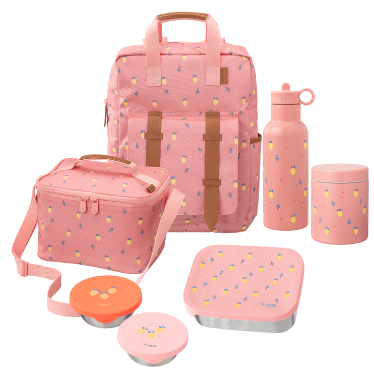 A coordinated pink school set including a large backpack, a cooler bag, a water bottle, a lunch box with lid, a thermos food jar, and two snack boxes. The set has a small repeating fruit print.