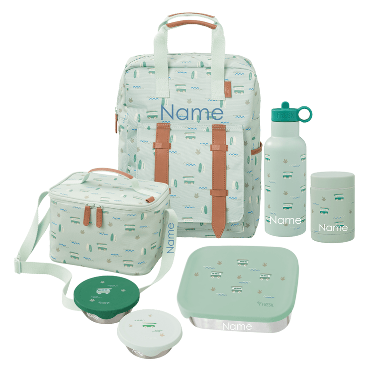 A coordinated school set in a surf boy print including a large backpack, a cooler bag, a water bottle, a lunch box with lid, a thermos food jar, and two snack boxes. All items are personalizable.