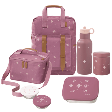 A coordinated school or picnic accessory set in dusty pink with a swallow bird print including a large backpack, a cooler bag, a water bottle, a lunch box with lid, a thermos food jar, and two snack boxes.