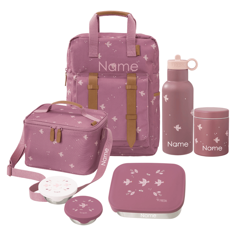 A coordinated school or picnic accessory set in dusty pink with a swallow bird print including a large backpack, a cooler bag, a water bottle, a lunch box with lid, a thermos food jar, and two snack boxes. All items can be personalized