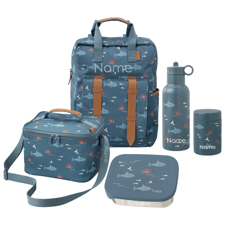 Set of blue bags and containers with fish pattern