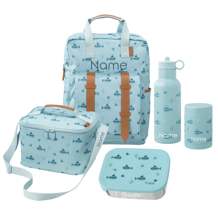 Personalized set of blue children's bags and accessories