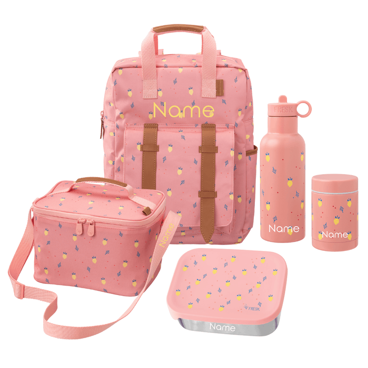 Pink backpack with matching lunch box, bottle, and container