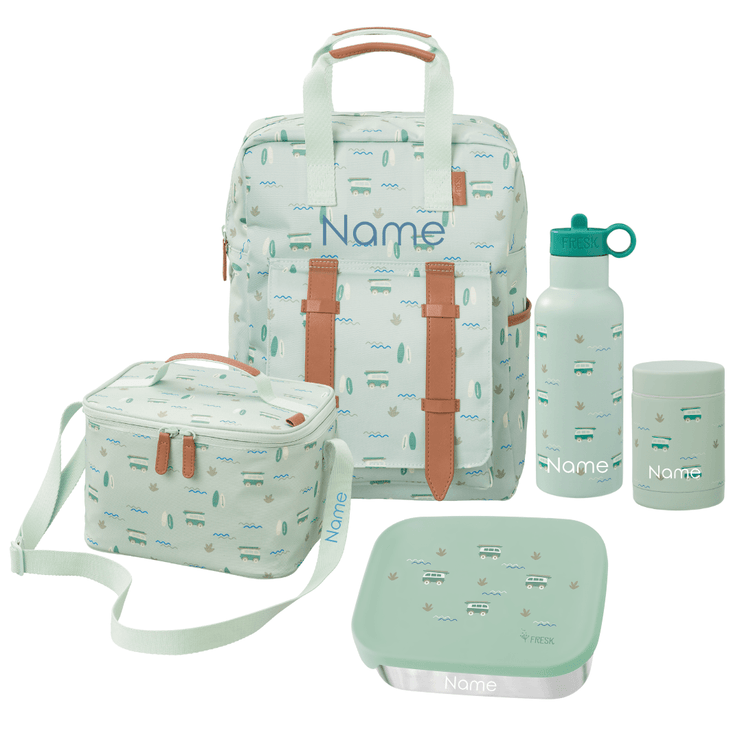 Personalized set of green school bags and accessories