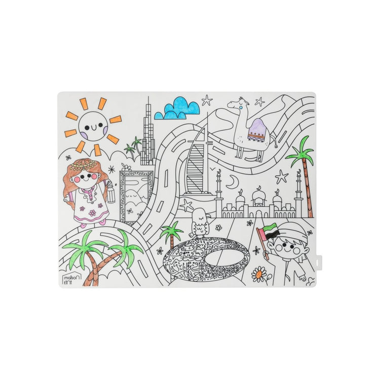 A white rectangular sticker or label featuring a colorful black-and-white line art illustration of Dubai landmarks and cartoon characters