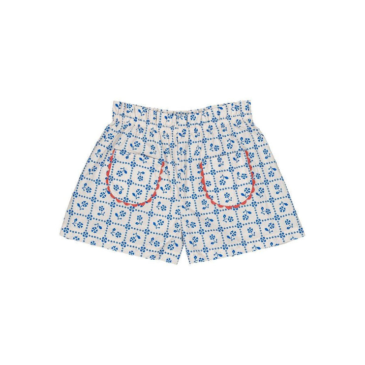 Floral patterned shorts with red accents 