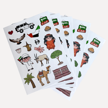Sheet of stickers with UAE-themed illustrations on a white background