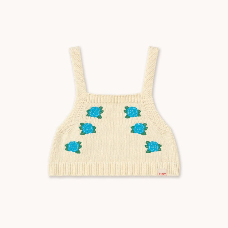 Knitted tank top with blue floral patterns 