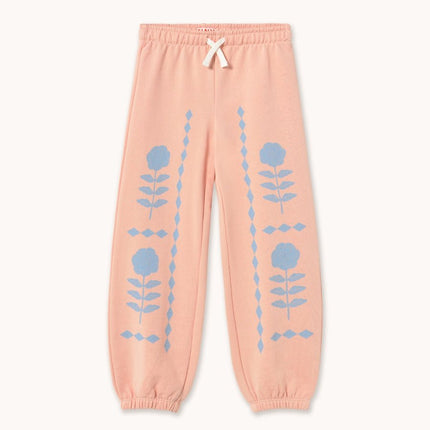 Pink sweatpants with blue floral patterns 
