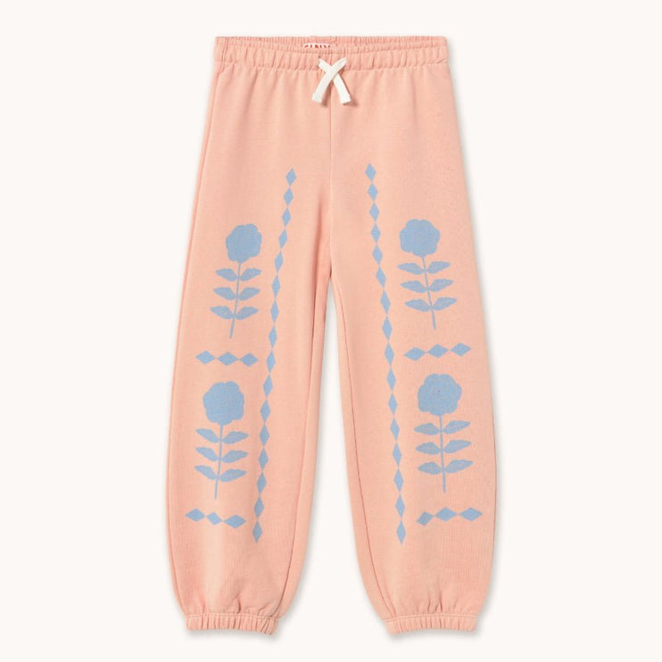 Pink sweatpants with blue floral patterns 