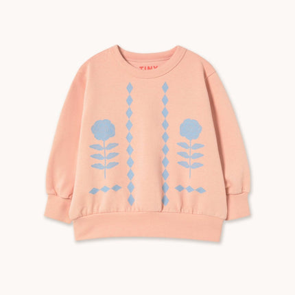 Pink sweatshirt with blue floral patterns