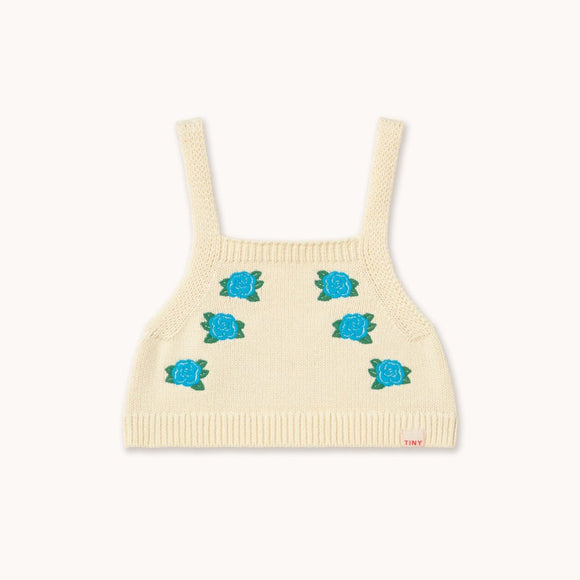 Cream knitted crop top with blue flowers