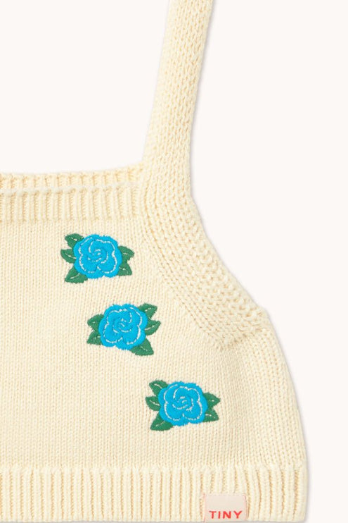 Light Cream knitted crop top with  blue floral print