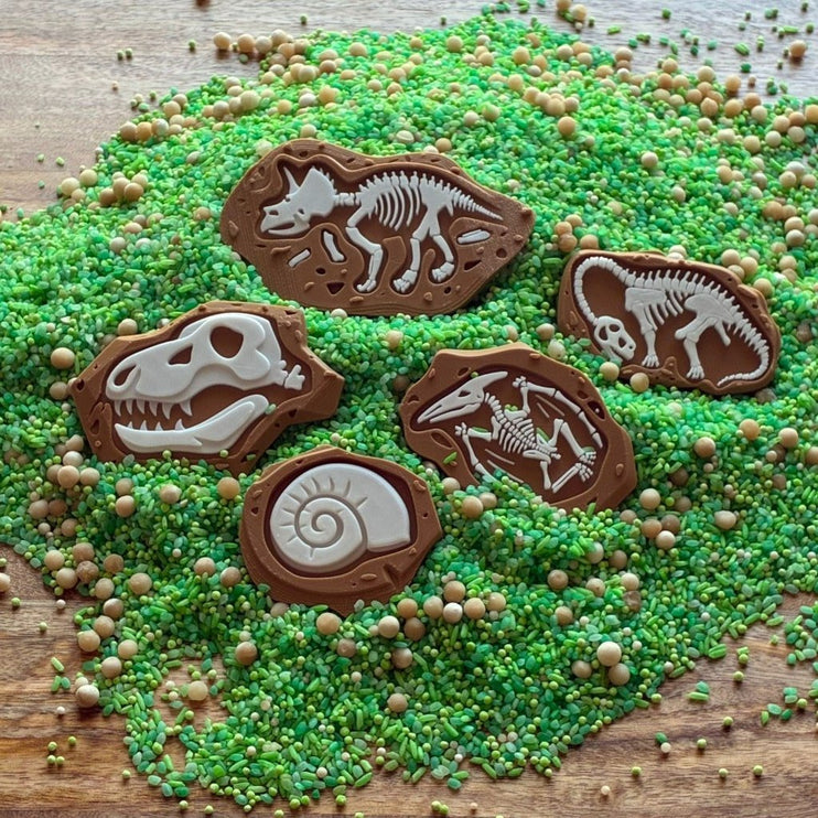 Five brown shaped like dinosaur and prehistoric fossils, arranged on a bed of green sprinkles 