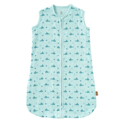 Light blue sleeveless sleeping bag with submarine pattern on a white background