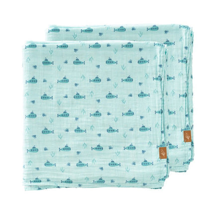 Light blue baby swaddle with submarine pattern 