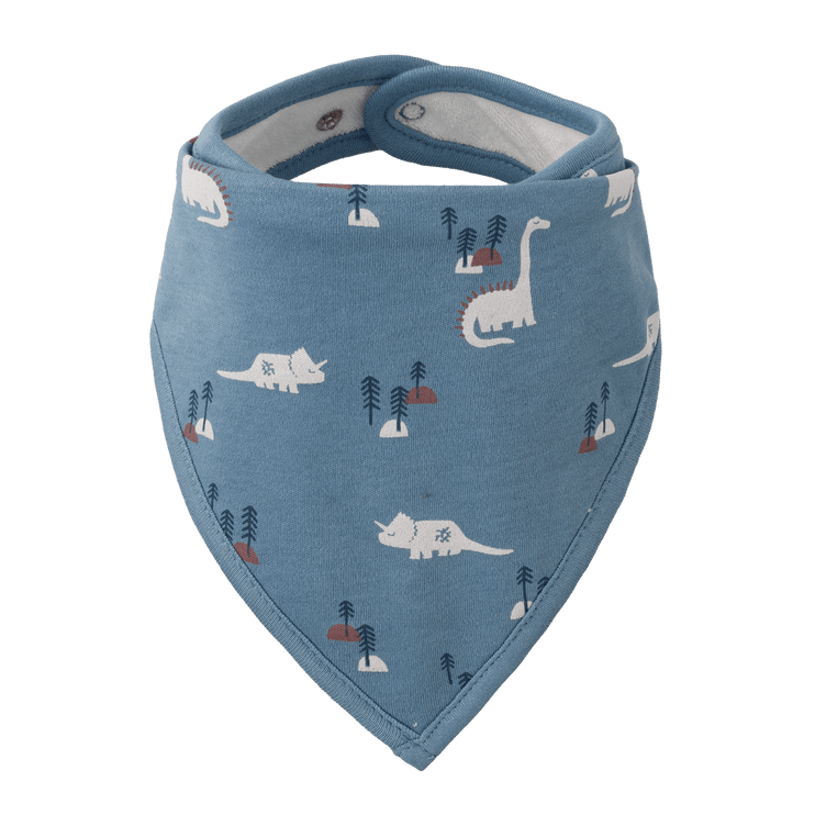Blue bandana bib with dinosaur pattern 